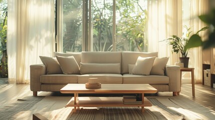 Bright sunlight fills a modern living room with clean lines and a tranquil atmosphere, inviting relaxation.