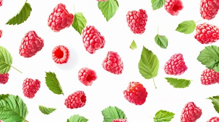 Bright and fresh pattern of ripe raspberries and green leaves on a white background.