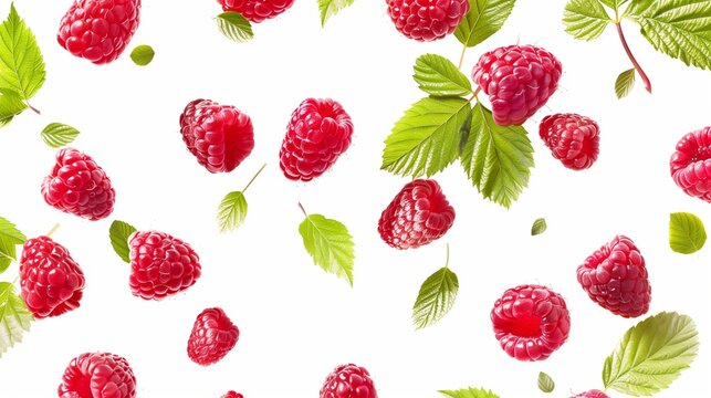 A vibrant image of fresh raspberries and leaves floating on a white background.