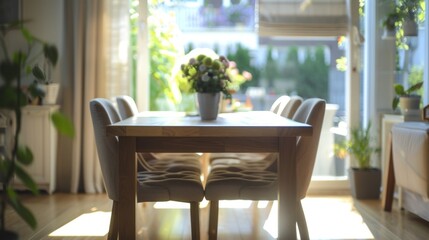 Obraz premium Soft morning light streams onto a homely dining table, set against a backdrop of indoor greenery.