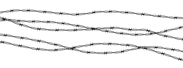 Barbed wire twisted barrier gothic steel boundary, silhouette guard fence, protection isolated on white background. Design element for military, secure object, prison. 