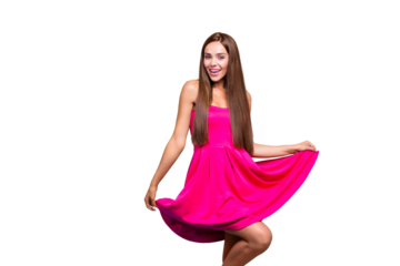I'd like to dance with you! Close up photo portrait of pretty cute nice gorgeous attractive with toothy smile clothed in modern evening dress lady looking at camera isolated on bright blue background