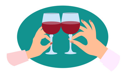 Hands of man and woman clink glasses with red wine. Minimalist style image. Drawing in flat style. Vector illustration	