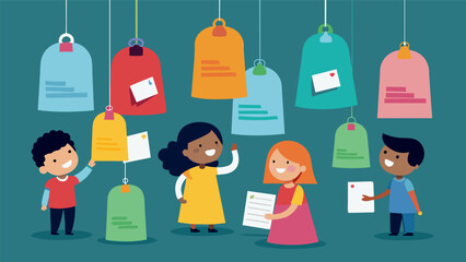 As each bell is completed children write their own personalized messages of freedom and equality on small tags to attach to their creations.. Vector illustration