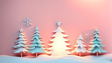 Obraz premium A Christmas tree with snow on it is surrounded by other trees