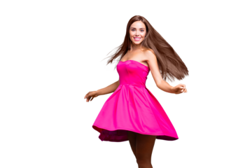Young straight-haired sweet brunette smiling girl wearing pink dress, dancing, flirting, wind blows skirt and hair. Copy space. Isolated over bright vivid turquoise background