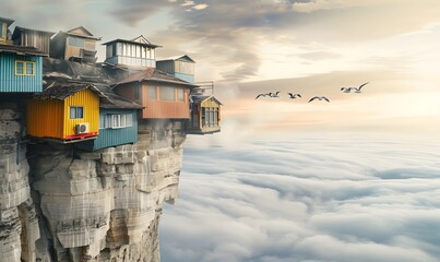 Vibrant houses side of dangerous rocky cliff, seagulls red blue yellow, copy space