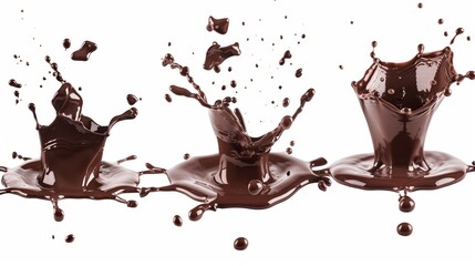 Dynamic chocolate splashes with droplets in mid-air against a white background, depicting three distinct splash events.