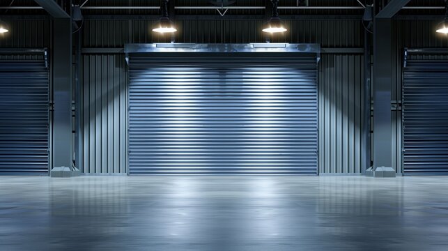 Modern industrial warehouse interior with closed metallic shutters under dim lighting.