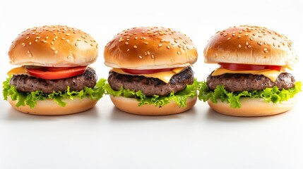 Three delicious cheeseburgers with lettuce, tomato, cheese, and beef patties on a white background.
