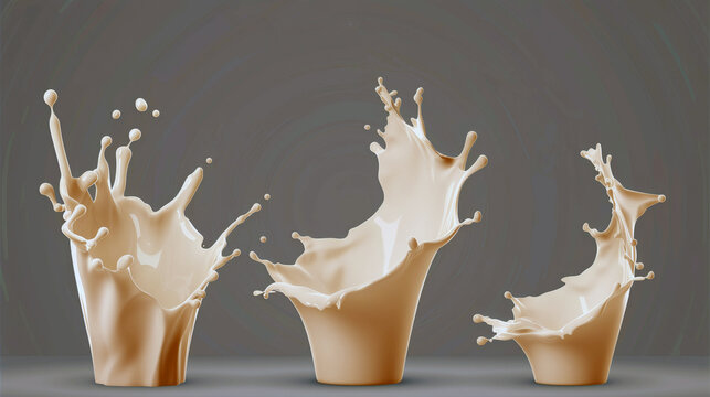Dynamic image of multiple milk splashes creating artistic patterns against a blue background.