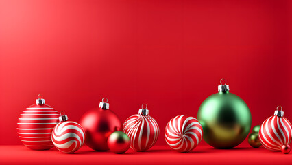 A red background with a bunch of Christmas ornaments