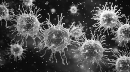 A electron micrograph of virus particles, showing their intricate structure and morphology