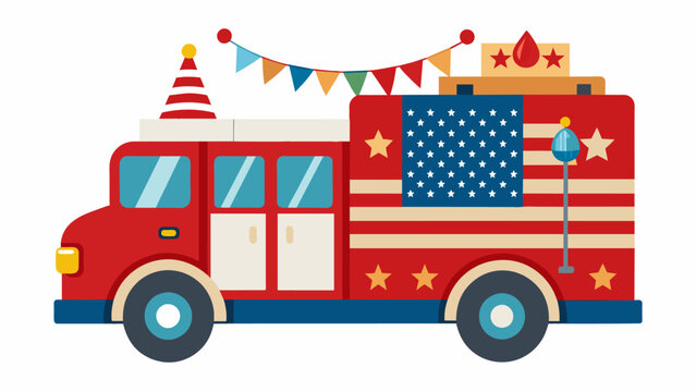The fire truck decked out in patriotic decorations with the American flag proudly displayed on its bumper.. Vector illustration