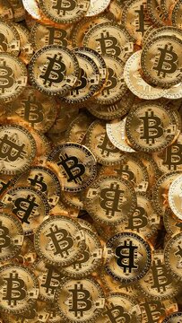 Vertical video of a large pile of golden bitcoin, horizontal travelling movement. Cryptocurrency, 2p2 exchange and blockchain concept