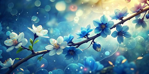 Vibrant blue cherry blossoms on a branch against a magical bokeh background symbolizing spring's arrival