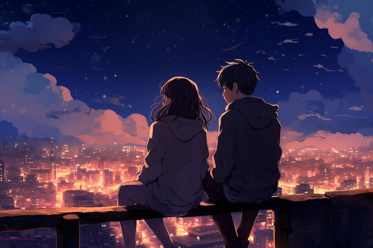 Young anime couple sitting together while looking at the sky
