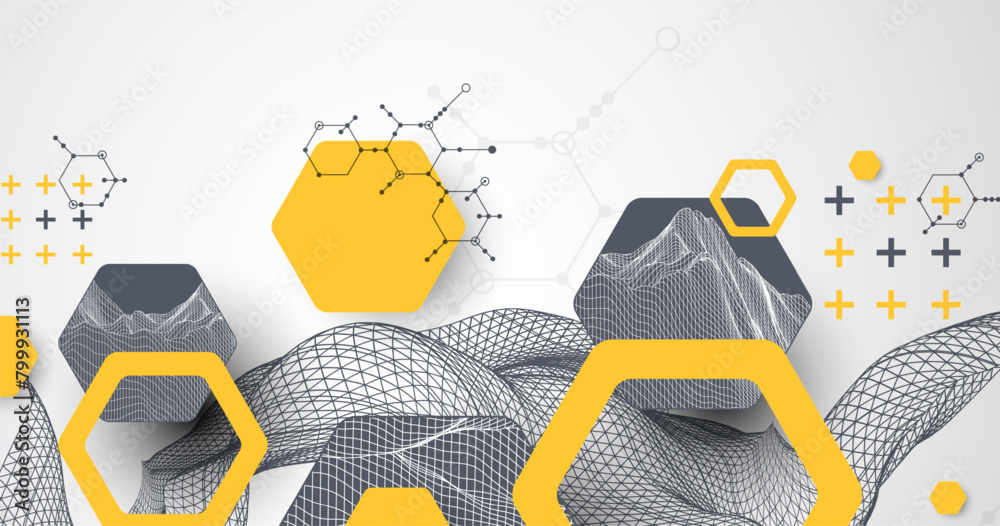 Aufkleber Scientific and technological background. Wireframe wave with hexagons of different types on a gray gradient.