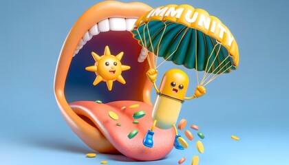 A humorous cartoon character holding a bottle of Vitamin D capsules stands next to a stylized sun, representing the importance of Vitamin D for a healthy immune system.