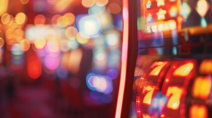 Colorful, blurred casino slot machines with glowing lights and vibrant bokeh effects.