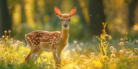 Cute spotted deer on grassy meadow in national park****