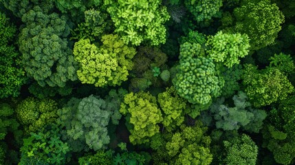 An aerial shot of a dense forest canopy, showcasing varying shades of green with intricate patterns made by tree crowns.