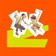Poster. Contemporary art collage. Young man and woman, in retro clothes jump dancing twist in...