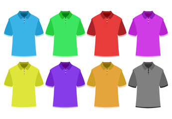 Hoja de iconos de camisa de varios colores, azul, verde, rojo, morado, amarillo, naranja y gris.