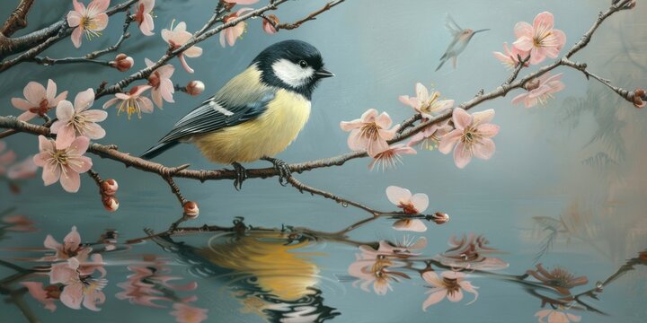 A great tit perches delicately on a blossoming branch over calm water, its reflection mirroring its pose