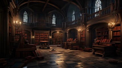 Grandiose two-tiered library with ornate railings illustration. Scholarly retreat wallpaper scene artwork. Abundant bookshelves, hanging chandeliers background image digital art concept