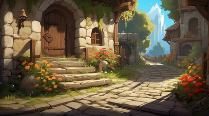 Rustic stone house in serene village 2D cartoon illustration. Historic architecture flat image colorful scene horizontal. Country cottage lush vegetation wallpaper background art