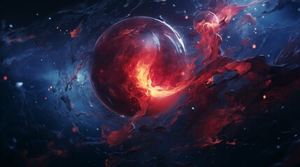 Fiery core illuminates sphere suspended in abyss illustration. Fluid red streams wallpaper scene artwork. Liquid dynamics. Glowing orb deep submerged background image digital art concept