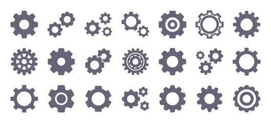 Gears glyph flat icons. Vector solid pictogram set included icon as cogwheels silhouette illustration for settings.