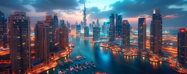 Aerial view of Dubai Marina at night, United Arab Emirates.