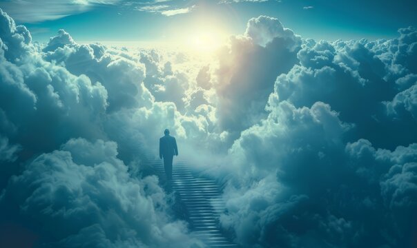 Person walking up stairway to heaven through clouds in the sky after death.
