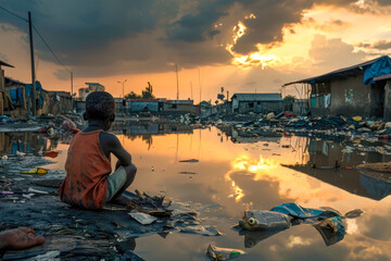 Dark-skinned African child gazes at the sunset amid a vast puddle and heaps of trash in African slums. Generative AI.