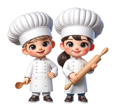 Animated illustration of a cartoon boy and girl dressed as chefs, each holding a kitchen utensil, standing together with joyful expressions, isolated on black.