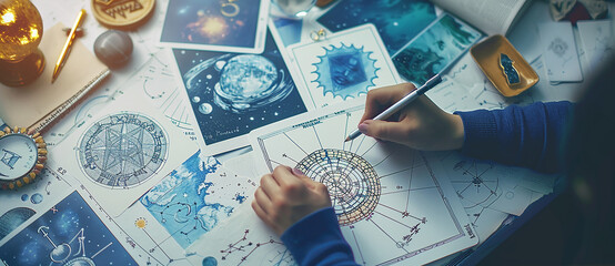 Astrology. Astrologer calculates natal chart and makes a forecast of fate Tarot cards, Fortune telling on tarot cards magic crystal, occultism, Esoteric background. Fortune telling,tarot predictions