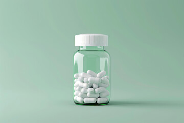 transparent bottle filled with white pills on a light green background concept. pharmaceuticals and healthcare.