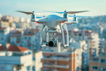 A sleek white drone equipped with a camera hovers gracefully above the urban landscape, capturing stunning aerial views of the city below. Generative AI.