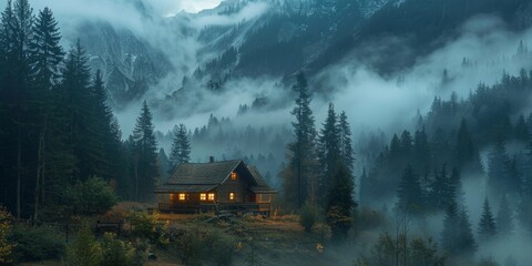 Illuminated Wooden house in the forest with the foggy mountains in the background