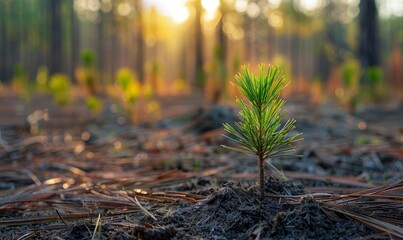 Fototapeta premium A seedling longleaf pine grows in a clearing among a managed longleaf pine forest in Francis Marion National Forest, South Carolina