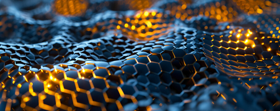 Gold and black geometric wave background with orange lights for futuristic navy abstract technology banner. Digital dark wallpaper 