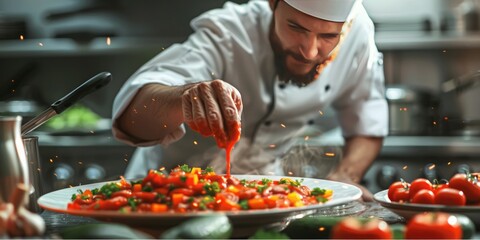 Happy chef garnishing dishes with sauce