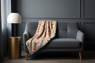Blanket on grey couch in living room interior with flowers wallpaper and lamp on table. Real photo Generative AI 