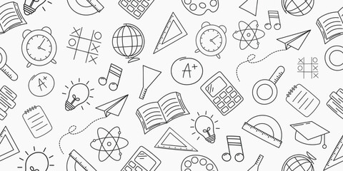 Seamless pattern with hand-drawn school supplies. Back to school. Vector illustration