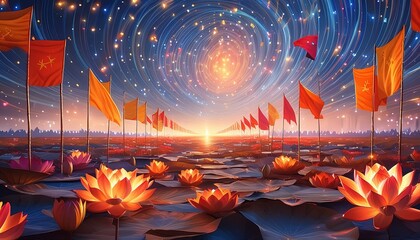 lanterns lotus flower and hindu flags at night
