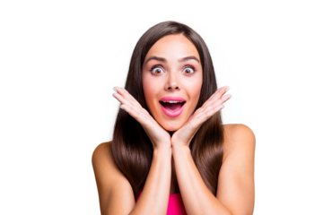 I need to buy with dress! Close up photo portrait of wondered astonished crazy mad cute groomed lady holding hands palm near face isolated on bright vivid blue background