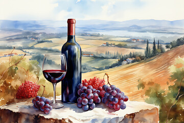 Bunch of blue grapes, red wine bottle and wine glass on landscape with hills and vineyards. Watercolor or aquarelle painting.