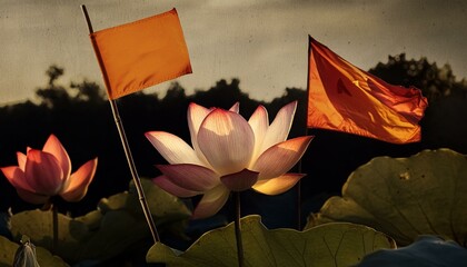 Hindu flags and Pink lotus vintage photo